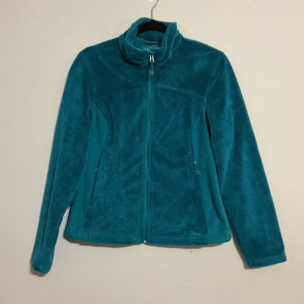 LL Bean Fleece Women's Full Zip jacket floral embroidery XS Green